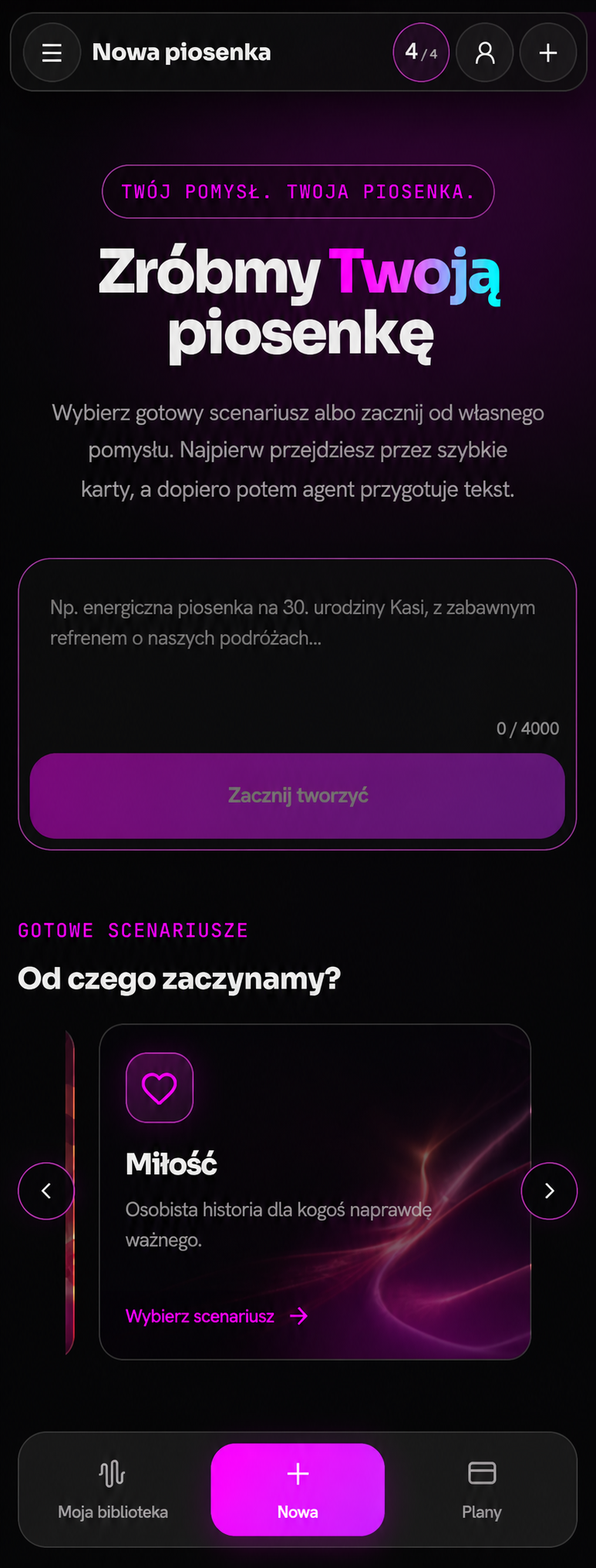 Ekran Karaomix z kreatorem piosenki AI i gotowymi scenariuszami
